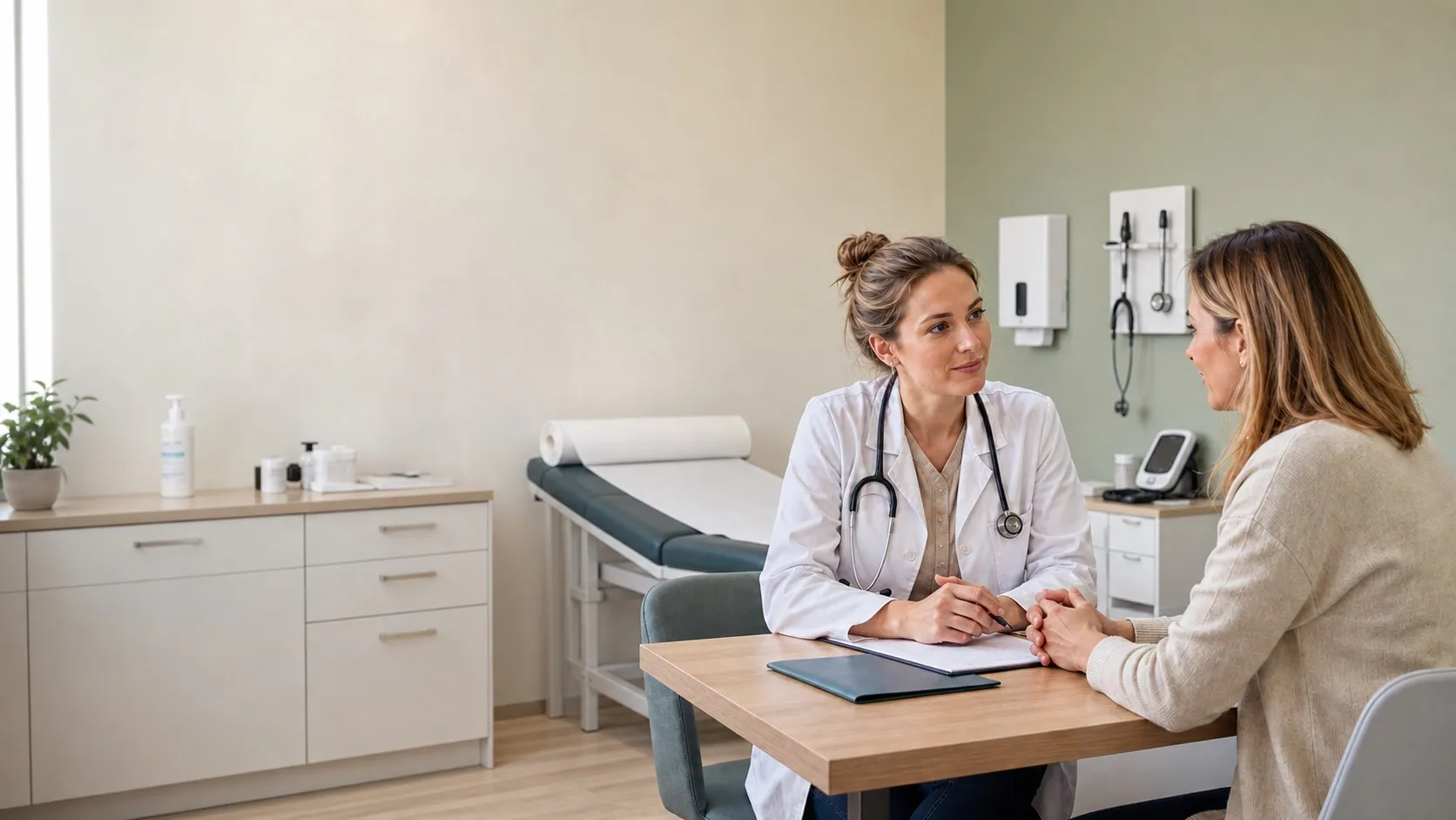 Ärztin berät eine Patientin in einer modernen Praxis